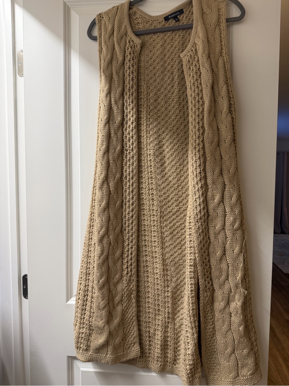 Relativity Cable Knit Open Front Long Vest - Tan